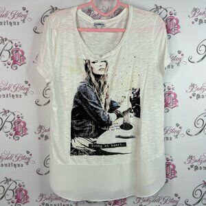 Express tshirt 2 tone mesh bottom hem bling White Graphic Short Sleeve Tee